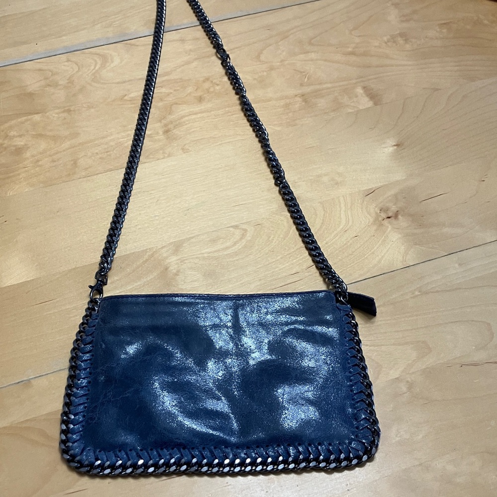 Italian Navy Leather Purse with Chain Strap and Trim, shoulder or‎ crossbody